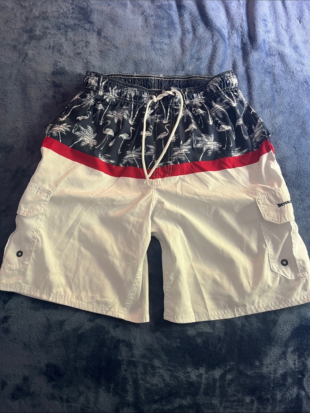 Beverly Hills Polo Club White Swim Shorts with Navy Flamingo Print and Red Band.